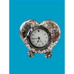 Brighton Retired Heart Clock Mini Foldable Silver Tone Swirls Cute Desk Travel